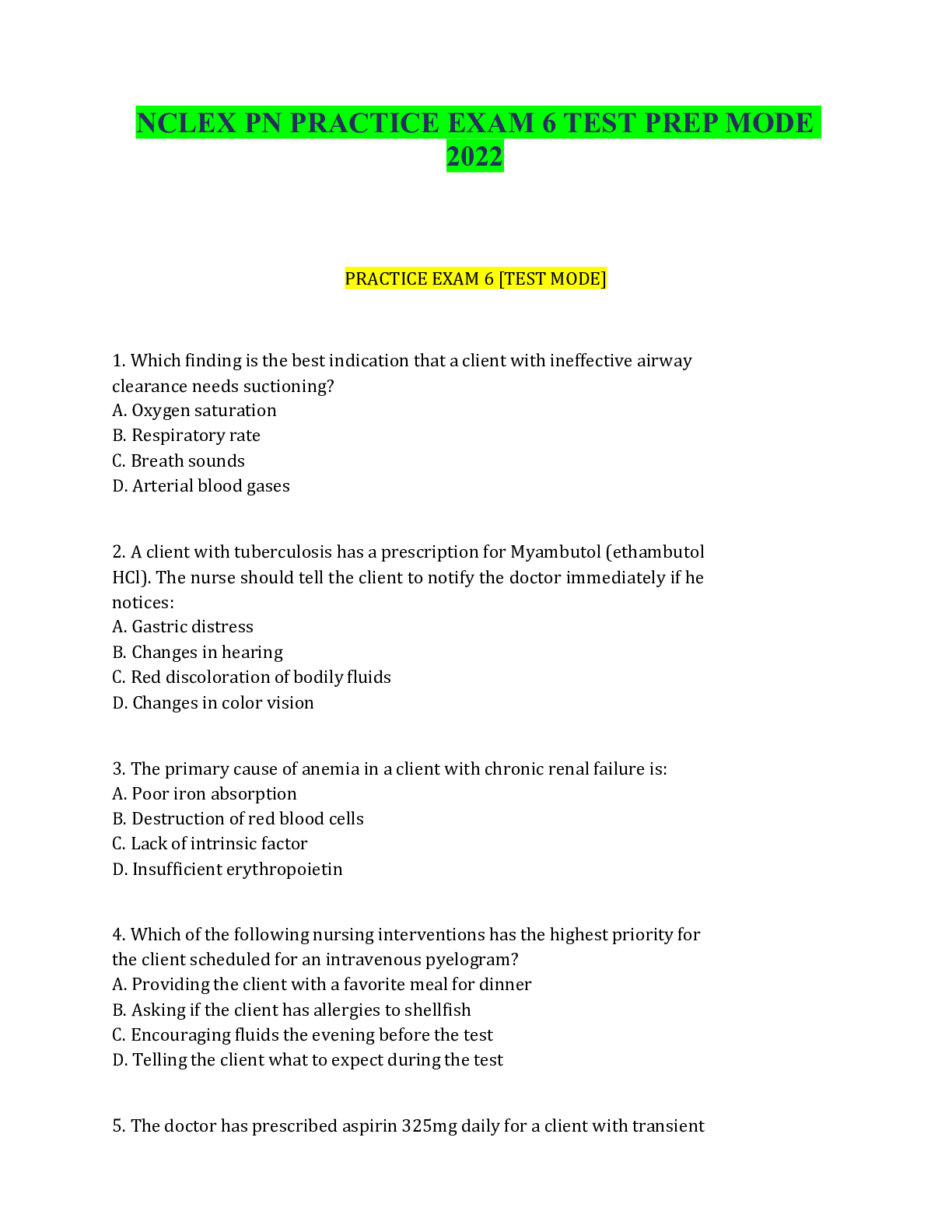 Preview image of NCLEX PN PRACTICE EXAM 6 TEST PREP MODE 2022 document
